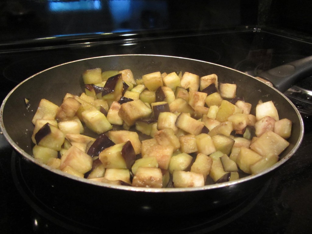 Balsamic Eggplant Pasta Salad - cooking in frying pan