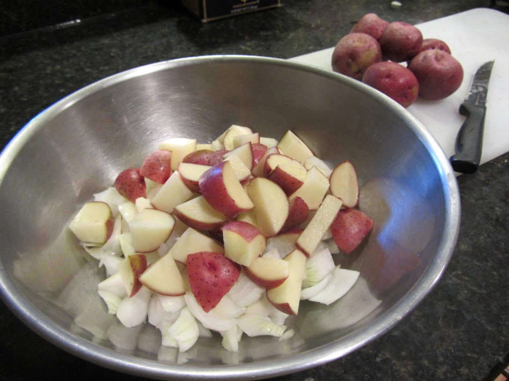Cut up potatoes and onions